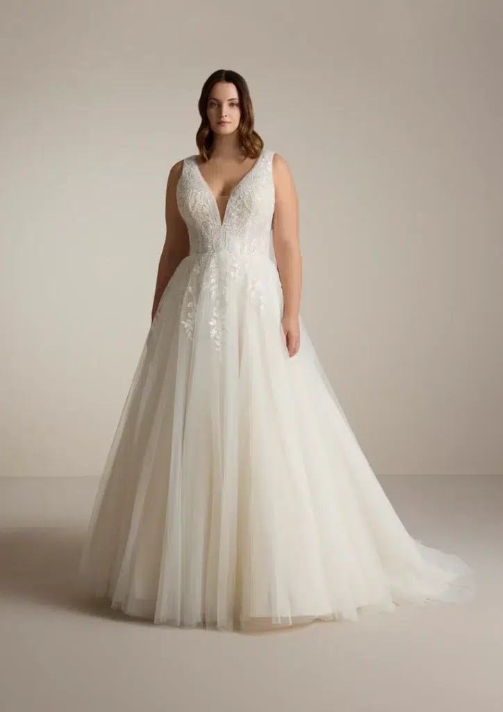 Ärmelloses A-Linien-Brautkleid mit V-Ausschnitt und floralem Spitzenoberteil