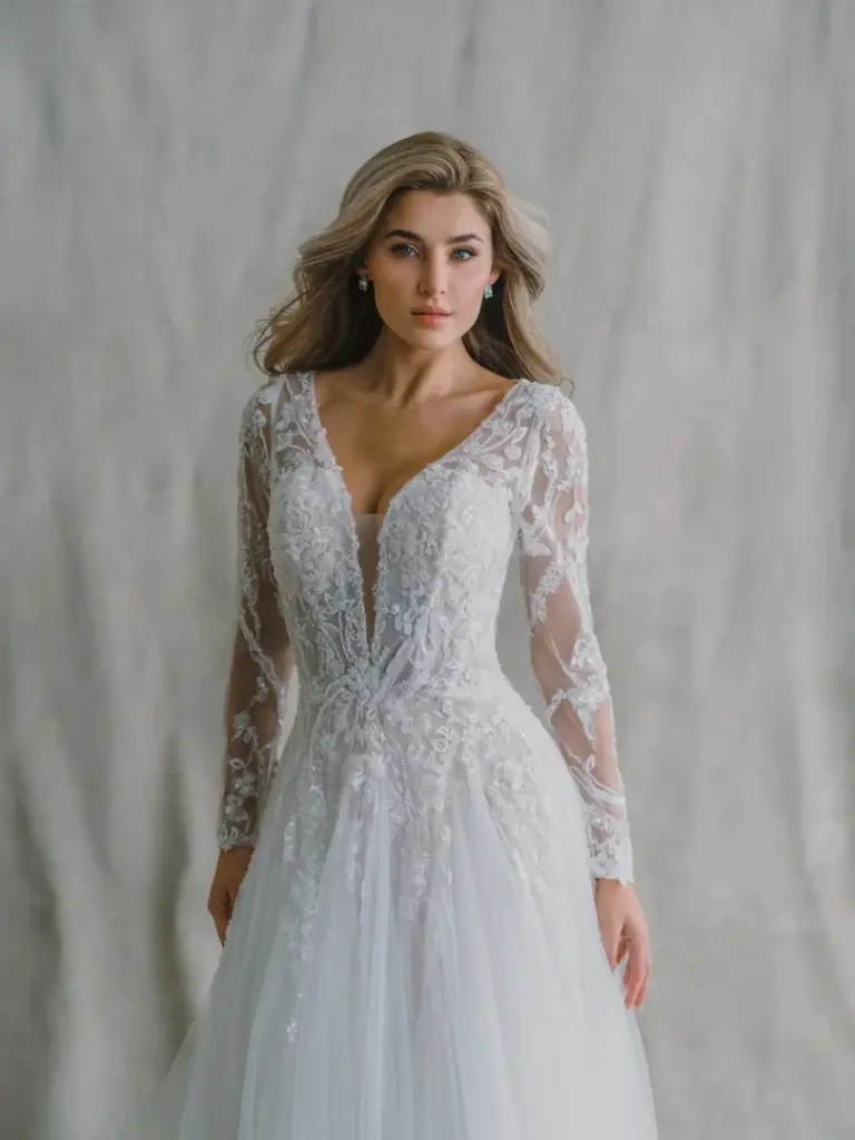Brautkleid mit langen Spitzenärmeln, tiefem V-Ausschnitt und weitem Rock