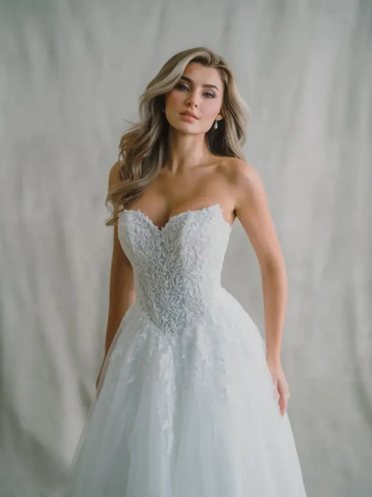 Trägerloses Brautkleid mit Spitzenoberteil, Herzausschnitt und Tüllrock