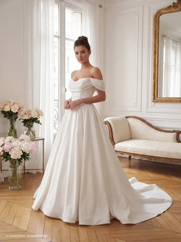 Schlichtes A-Linien-Brautkleid mit drapiertem Oberteil und schulterfreien Trägern