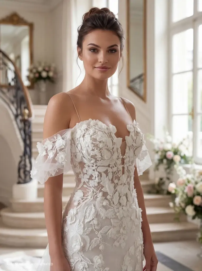 Detail des Brautkleids mit floraler Spitze und schulterfreien Spitzenärmeln