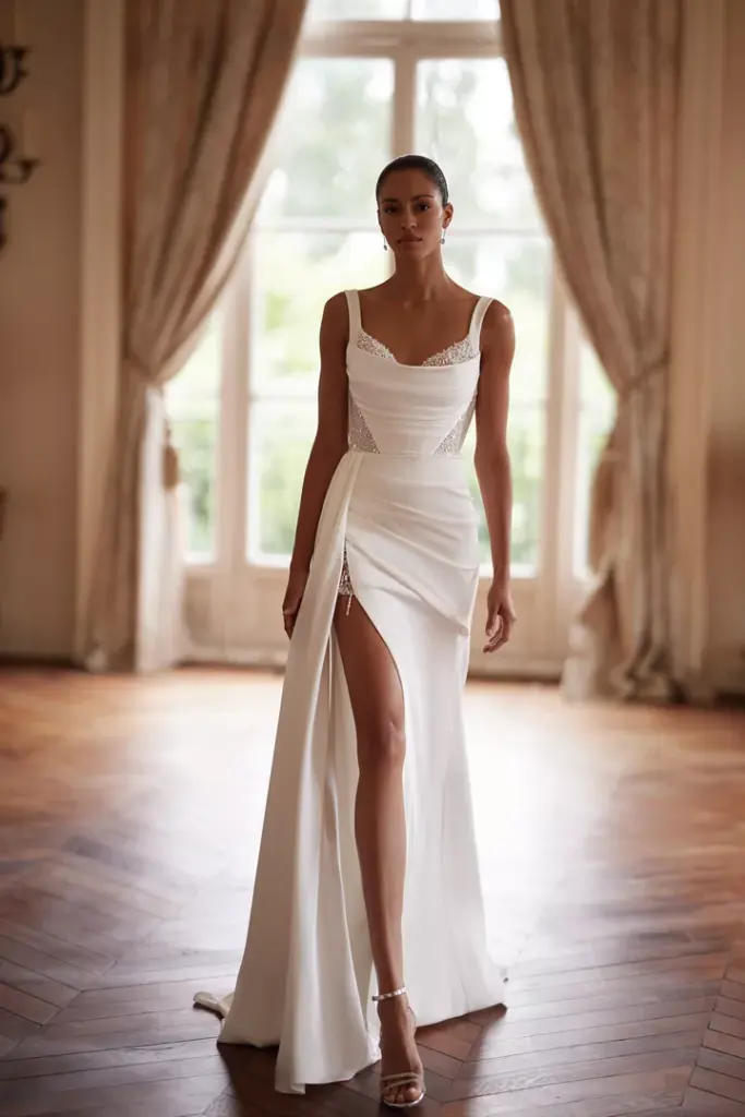 Figurbetontes Brautkleid mit drapiertem Oberteil und hohem Beinschlitz